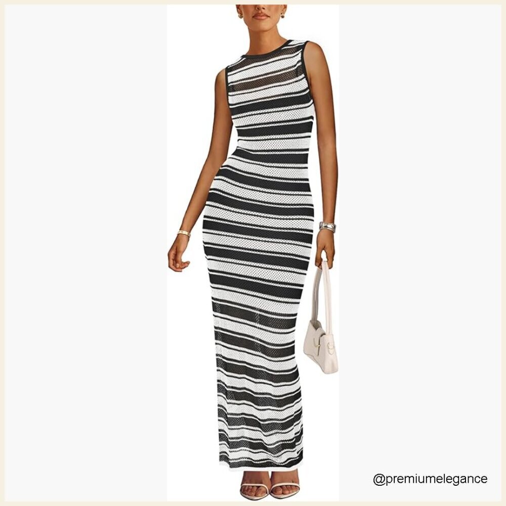 Striped Maxi Dress Crochet Swimsuit Coverup Sleeveless Tank Beach Vacation